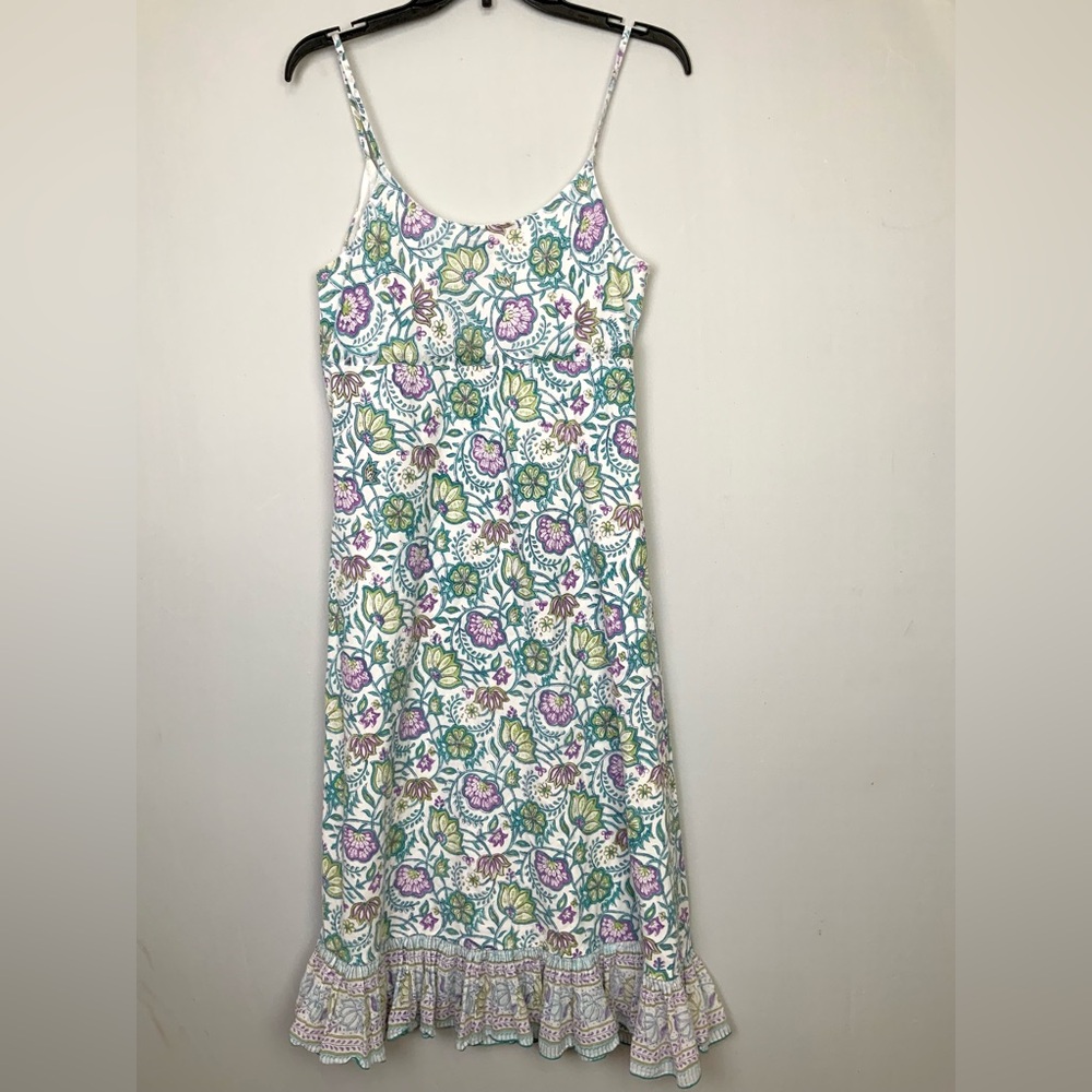 Anokhi East Sz 12 Purple Green Floral Ruffle Hem Cotton Midi Dress Sundress - Picture 5 of 7